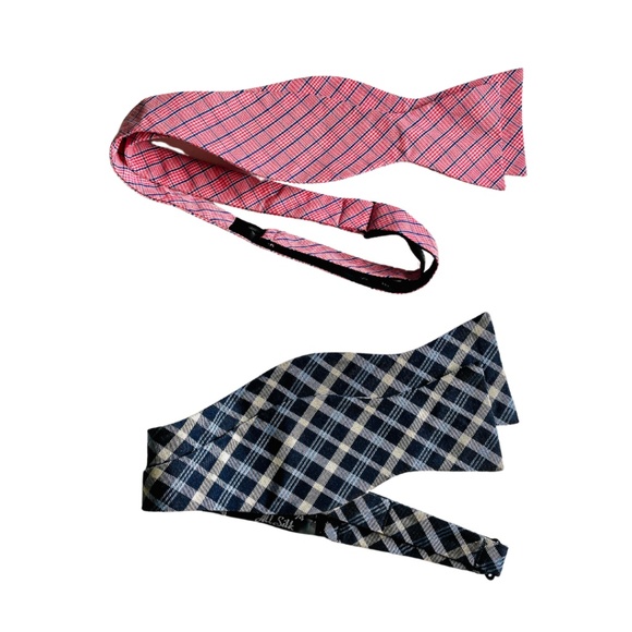 Tommy Hilfiger Navy Blue Check Silk & Pink Check Cotton Self-Tie Bow Tie Bundle - Picture 1 of 9